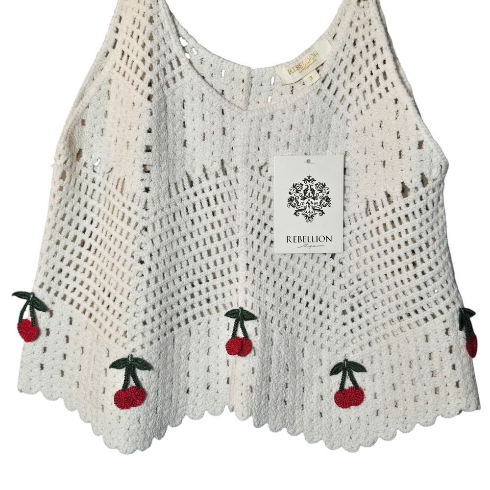 Rebellion Again Crochet Knit Cherry Applique Cami S Coastal Boho Summer NWT - Picture 3 of 10